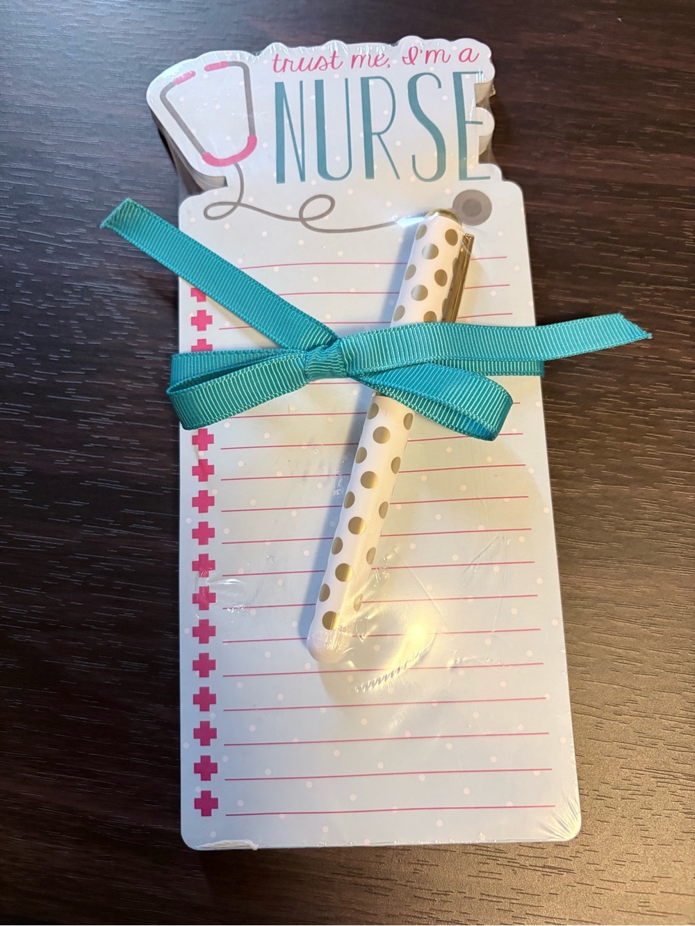 Nurse Themed Notepad with Teal Ribbon and Gold Polka Dot Pen